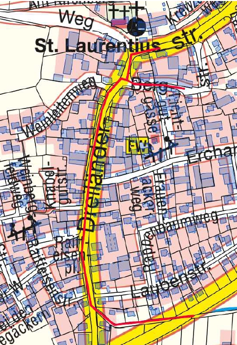 Die rote Linie markiert den Verlauf des Regenwasserkanals, der ab März saniert wird (Foto/Karte: IN-KB AöR)